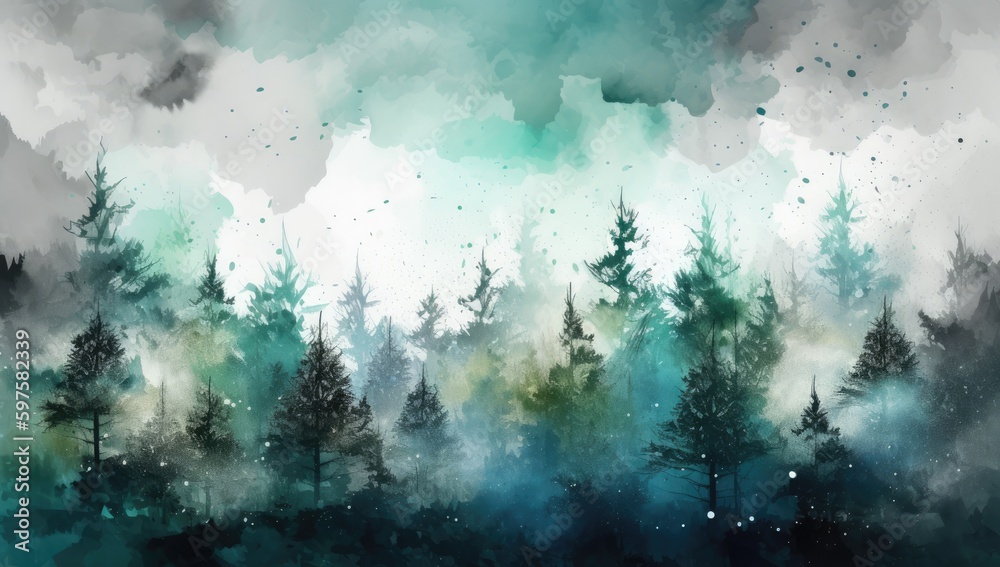 Obraz premium watercolor winter scene with green and blue pine trees Generative AI