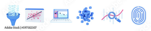 Innovative data analytics, informative visualization, security icon, sharing and cloud service concepts. 3d render illustration. Big Set of bright 3d data science icons.