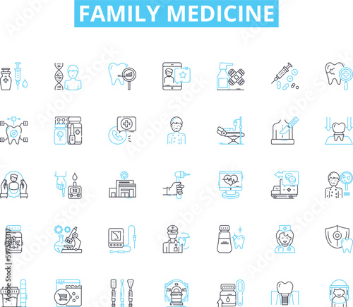 Family medicine linear icons set. Preventive, Comprehensive, Primary, Care, General, Consultation, Diagnostics line vector and concept signs. Screening,Immunizations,Counseling outline illustrations
