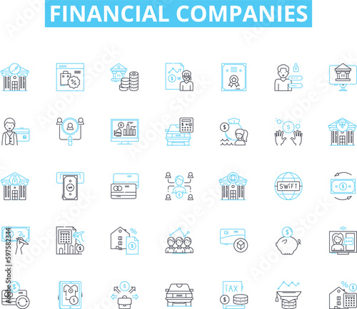 Financial companies linear icons set. Banking, Investments, Insurance, Wealth, Taxation, Trading, Credit line vector and concept signs. Loans,Stock,Asset outline illustrations