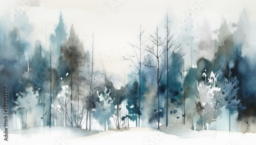 winter time in nature watercolor forest in blue and grey Generative AI