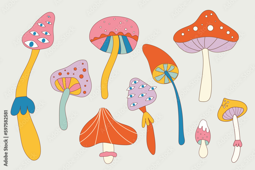 Naklejka premium Groovy hippie 70s set. Funny cartoon flower, rainbow, Love, heart, daisy, mushroom etc. Sticker pack in trendy retro psychedelic cartoon style. Isolated vector illustration. Retro vintage flowers.