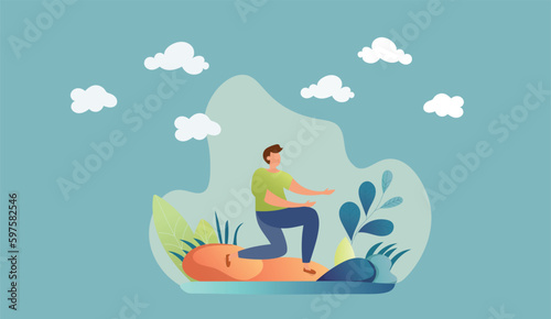 Happy woman cleaning up city street. Young ecologist, volunteer or eco activist picking up and disposing garbage in park. Community service work. Flat cartoon vector illustration.