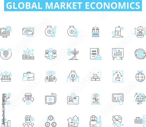 Global market economics linear icons set. Trade, Inflation, Tariffs, Exports, Imports, Currency, Finance line vector and concept signs. Stocks,Bonds,Commodities outline illustrations