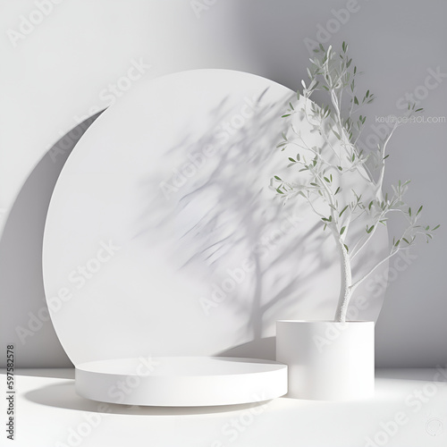 beautiful white podium for beauty skincare products display backdrop, plant twig, sunlight. ai generative.