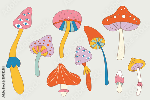 Groovy hippie 70s set. Funny cartoon flower, rainbow, Love, heart, daisy, mushroom etc. Sticker pack in trendy retro psychedelic cartoon style. Isolated vector illustration. Retro vintage flowers.