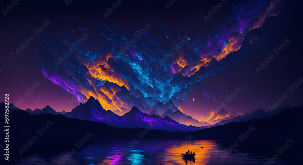 sunset and colorful aurora in the sky above the mountains