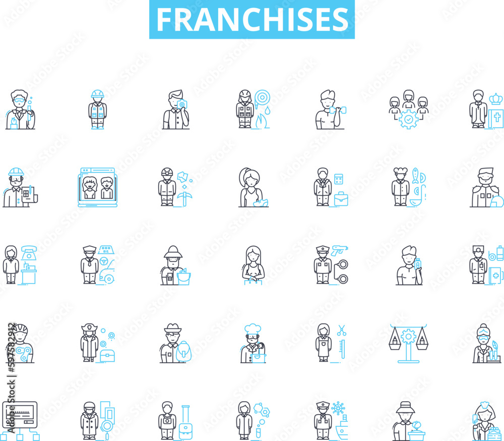 Franchises linear icons set. Opportunity, Investment, Partnership, Expansion, Growth, Brand, Teamwork line vector and concept signs. Licensing,Business,Support outline illustrations Franchises linear icons set. Opportunity, Investment, Partnership, Expansion, Growth, Brand, Teamwork line vector and concept signs. Licensing,Business,Support outline illustrations