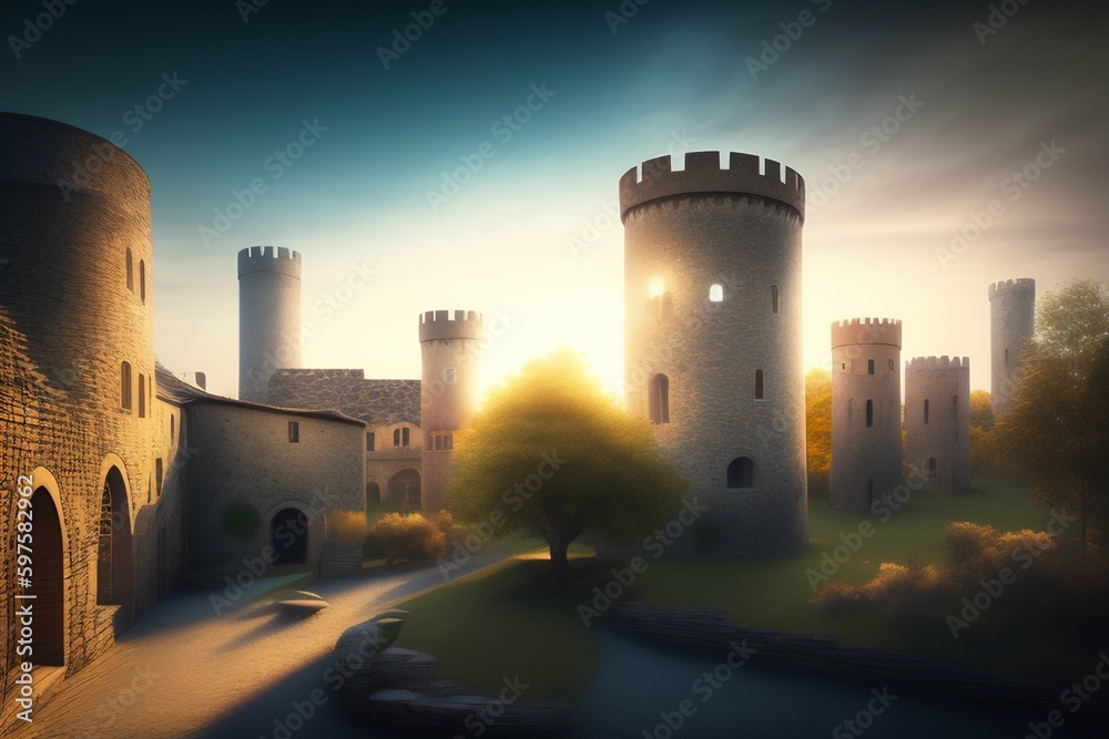 Fantasy medieval settlement with towers