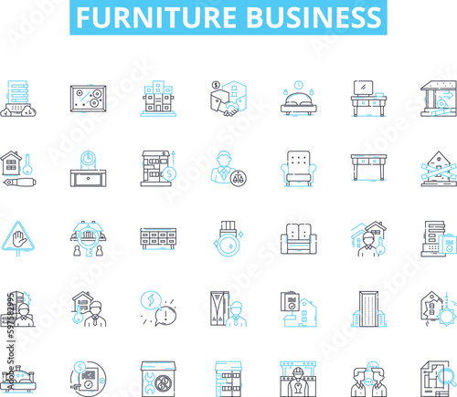 Furniture business linear icons set. Quality, Comfort, Durability, Style, Elegance, Sophistication, Design line vector and concept signs. Craftsmanship,Versatility,Functionality outline illustrations