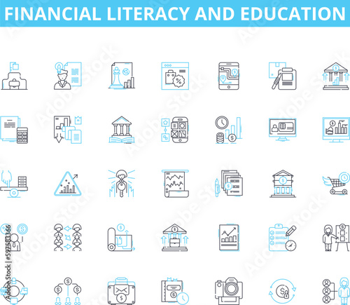 Financial literacy and education linear icons set. Budgeting, Saving, Investing, Credit, Debt, Interest, Budget line vector and concept signs. Retirement,Taxes,Stock outline illustrations