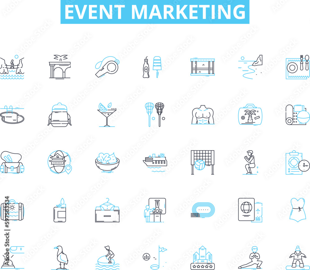 Event marketing linear icons set. promotion, branding, outreach, engagement, conversion, activation, experiential line vector and concept signs. nerking,sponsorship,trade show outline illustrations