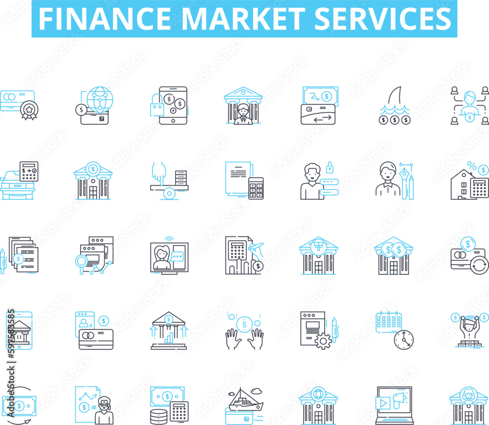 Finance market services linear icons set. Wealth, Investment, Stocks, Benefits, Retirement, Trading, Securities line vector and concept signs. Portfolio,Bonds,Equity outline illustrations
