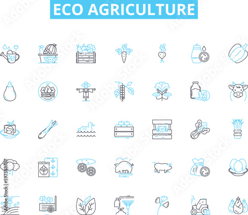 Eco agriculture linear icons set. Sustainability, Organic, Regenerative, Permaculture, Biodynamic, Composting, Agroforestry line vector and concept signs. Conservation,Soil health,Biodiversity outline