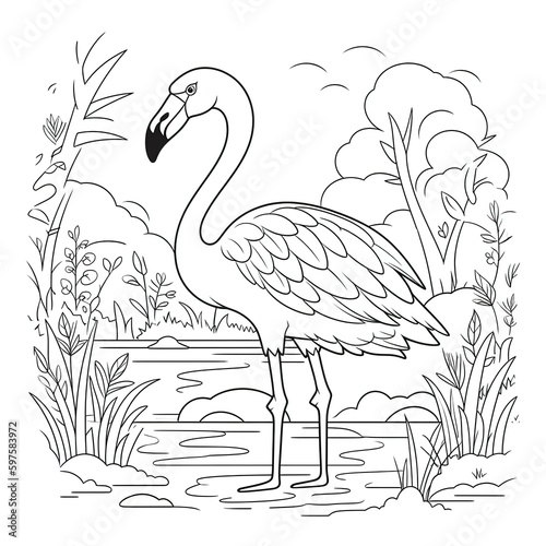 Kids coloring page of a flamingo in the swamp that is blank and downloadable for them to complete. Hand drawn flamingo outline illustration. Animal doodle outline realistic illustration. Creative AI photo