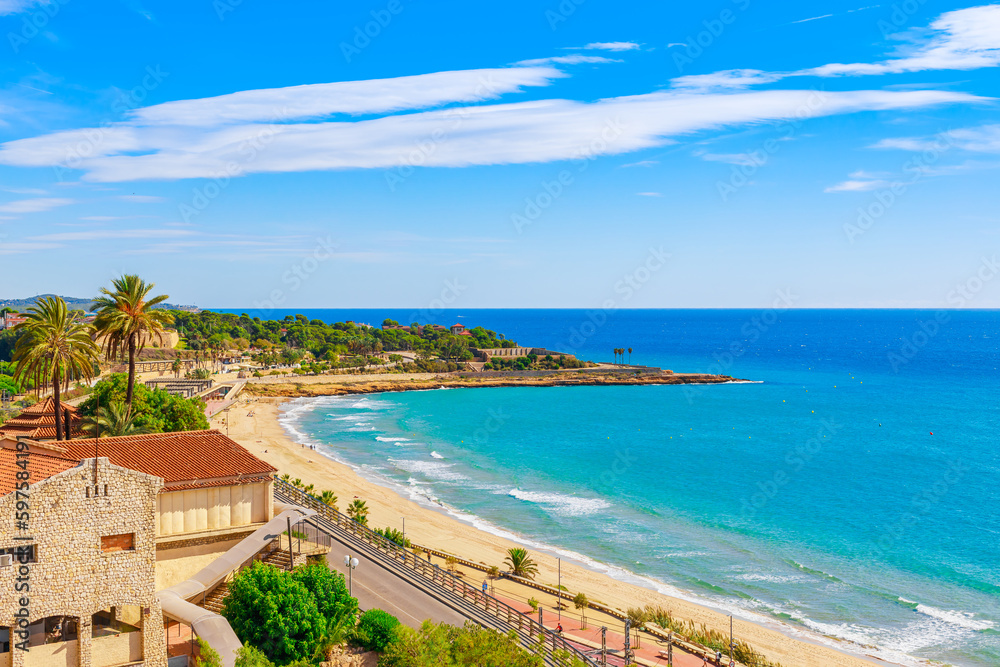 Beach in Tarragona city, Spain, South Europe. Sea coast in Catalonia