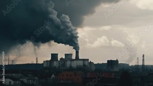 Industrial chimneys smoke from factory. Generative AI