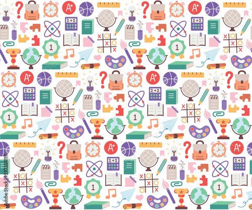  Back to school. pattern seamless of stationery for studying at school. education kids accessory. print object stuff design. graphic wallpaper element children study. background vector illustration