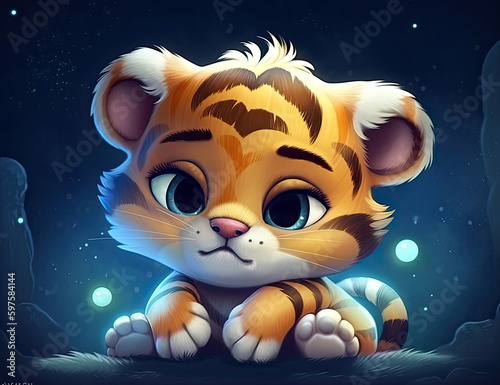 Tiger and the moon  adorable sleeping baby tiger  digital print  wall paper  wall print  asset. Generative AI