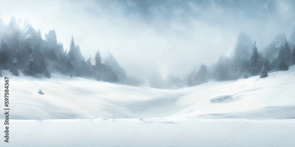 Winter background, snowy forest generative ai illustration, snowfall, winter weather