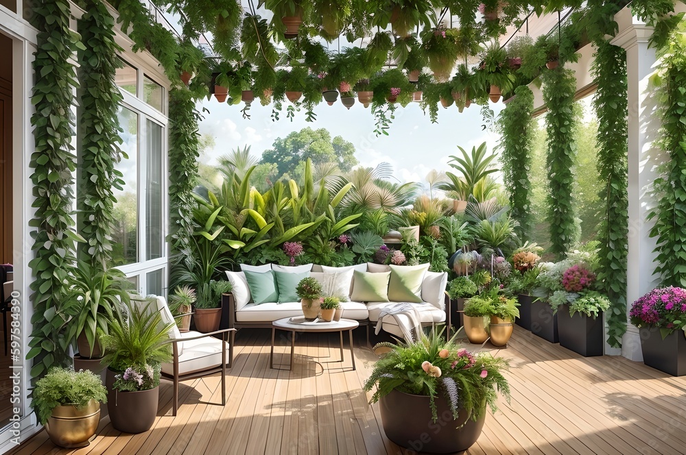 Interior with many lush green plants, generative ai illustration