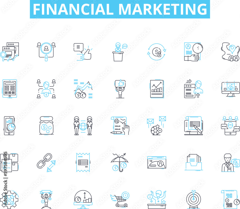 Financial marketing linear icons set. Investment, Banking, Insurance, Trading, Credit, Debt, Savings line vector and concept signs. Retirement,Budgeting,Capital outline illustrations
