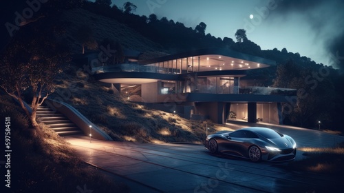 Experience Ultimate Luxury with a Hillside Mansion and Personal Amphitheater, Complemented by High-Performance Zdv Electric Car for Scenic Drives and Fast Travel, Generative ai photo