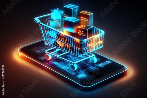 A futuristic online shopping experience with mobile phone technology and digital payments. Secure payments, payment protection concepts.  generative ai photo