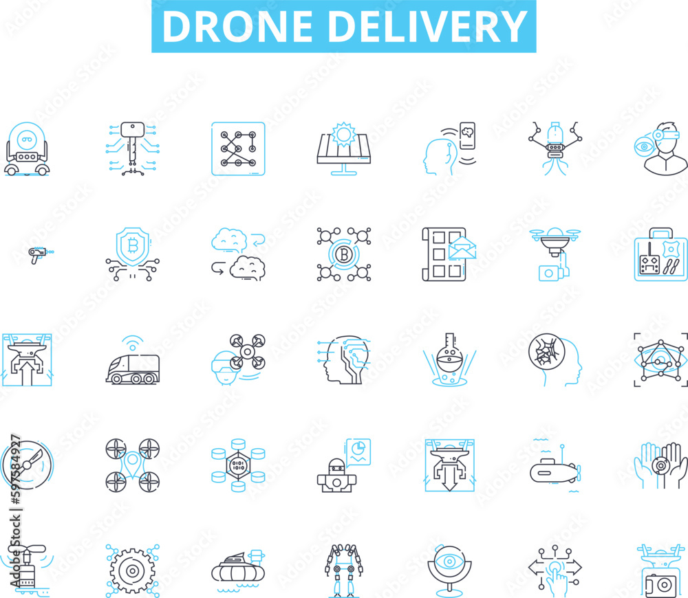 Drone delivery linear icons set. Drs, Delivery, Unmanned, Aerial, Logistics, Efficiency, Innovation line vector and concept signs. Future,Technology,Autonomous outline illustrations Drone delivery linear icons set. Drs, Delivery, Unmanned, Aerial, Logistics, Efficiency, Innovation line vector and concept signs. Future,Technology,Autonomous outline illustrations