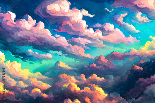 Unrivaled mixed media acrylic and watercolor painted cumulus and stratocumulus clouds in rich vibrant colors   Generative AI