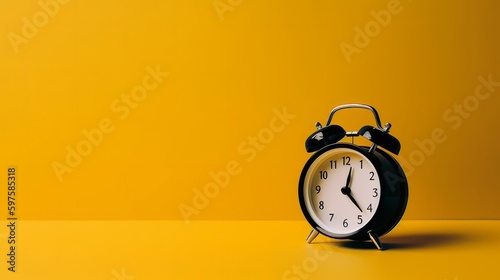 A alarm clock on a yellow background with copy space. Created with Generative AI Technology