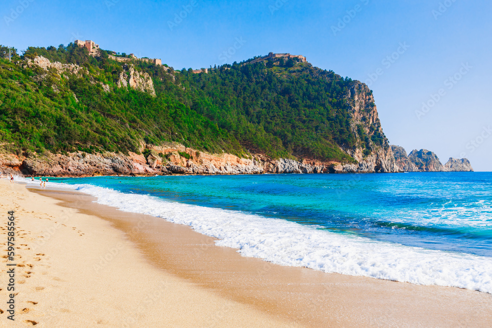Cleopatra beach and old castle in Alanya, Antalya district, Turkey
