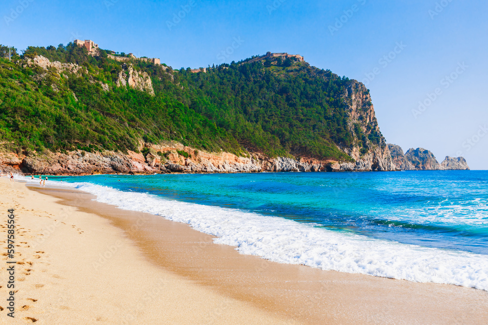 Obraz premium Cleopatra beach and old castle in Alanya, Antalya district, Turkey