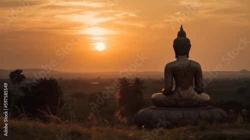 Buddha statue on the background of the sunset. Generative ai © cac_tus