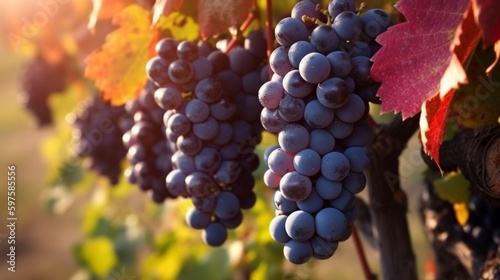 A bunch of grapes hanging from a vine in a vineyard. Generative ai