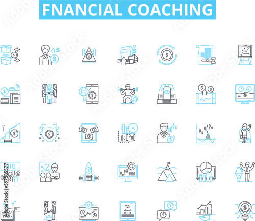 Fnancial coaching linear icons set. Budgeting, Investing, Saving, Debt, Goals, Retirement, Wealth line vector and concept signs. Budget,Debt-free,My outline illustrations