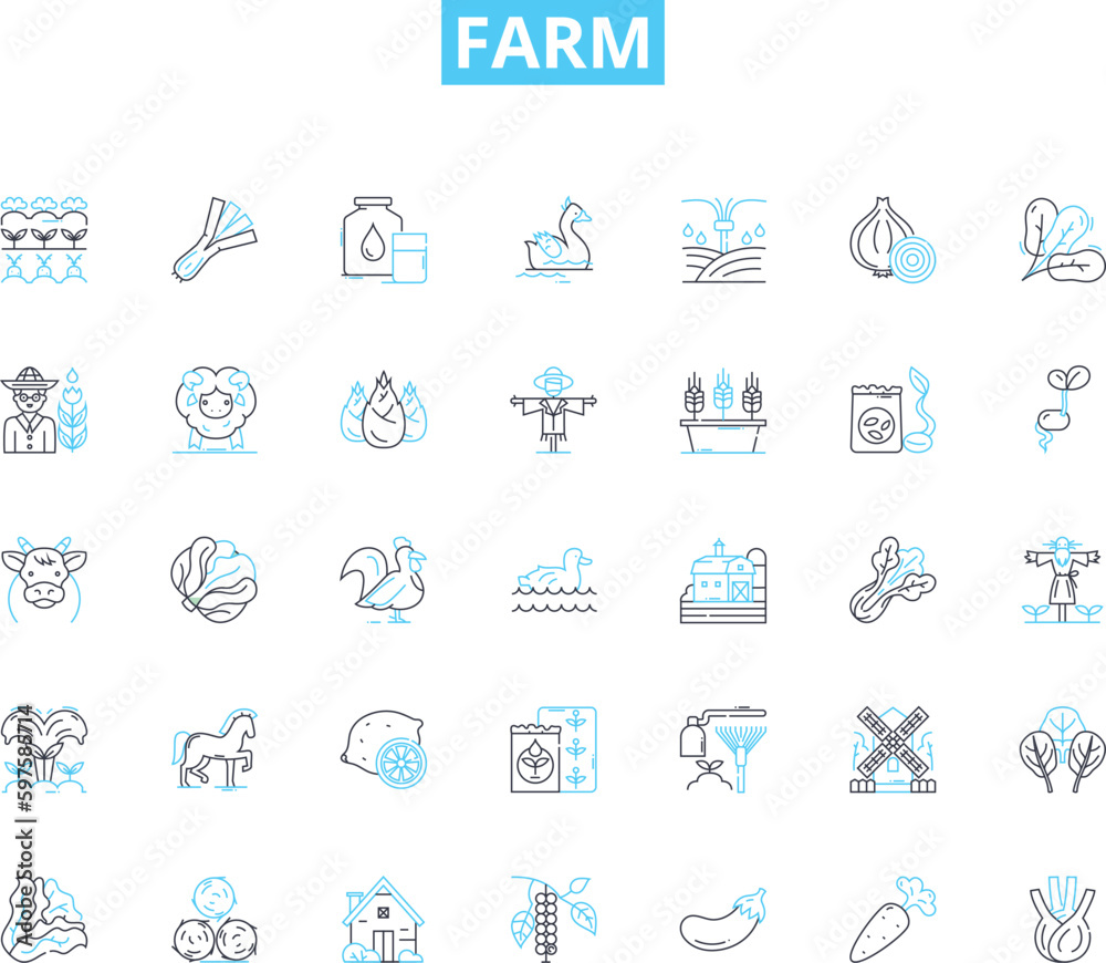 Farm linear icons set. Harvest, Livestock, Plow, Crops, Hay, Seeds, Tractor line vector and concept signs. Fertilizer,Agriculture,Barn outline illustrations