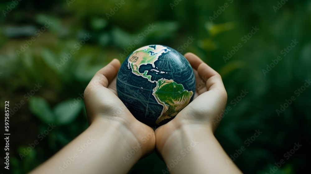 Hands hold a small Earth planet on a spring green background. Ecology concept. Earth Day. Generative ai Hands hold a small Earth planet on a spring green background. Ecology concept. Earth Day. Generative ai