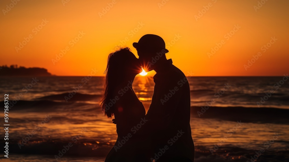 Couple kissing on the beach with beautiful sunset. Generative ai