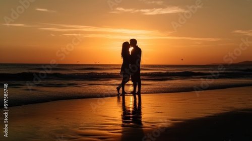 Couple kissing on the beach with beautiful sunset. Generative ai