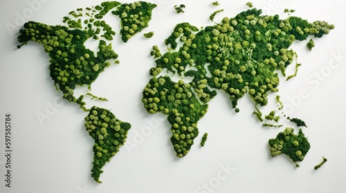 Eco world map made of green leaves On a white background. Generative ai
