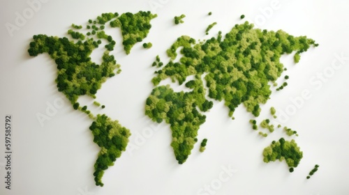 Eco world map made of green leaves On a white background. Generative ai