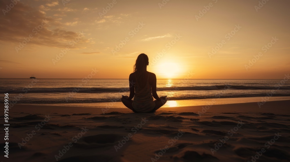 A woman practicing yoga on a beach. Generative ai