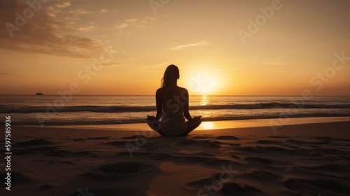 A woman practicing yoga on a beach. Generative ai