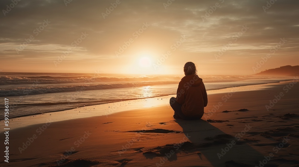 Lonely woman thinking about life on a beach at sunset. Generative ai