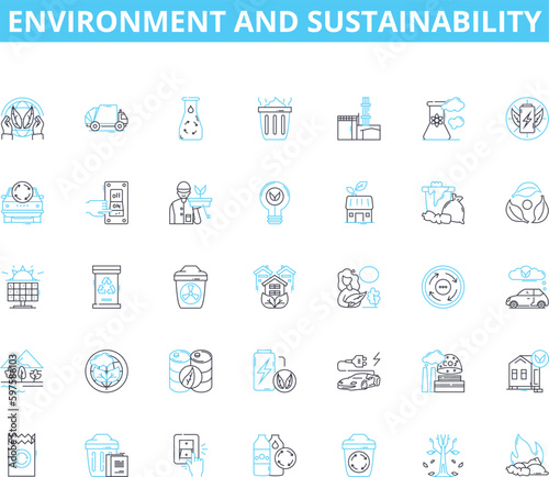 Environment and sustainability linear icons set. Conservation, Biodiversity, Climate, Renewable, Organic, Pollution, Forests line vector and concept signs. Habitat,Ecosystem,Greenhouse outline