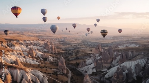 Hot air balloons flying in beautiful Cappadocia hilly. Generative ai