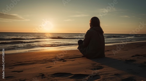 Lonely woman thinking about life on a beach at sunset. Generative ai