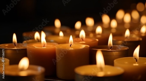 Many burning candles with shallow depth of field. Generative ai