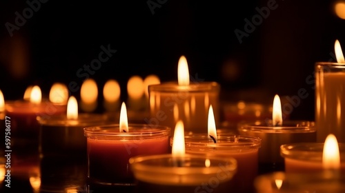 Many burning candles with shallow depth of field. Generative ai